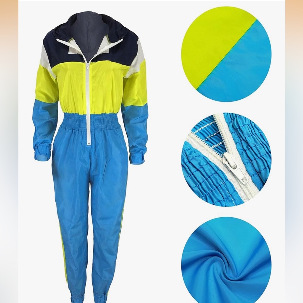 Colorblock Windbreaker Tracksuit Set Blue Yellow Zip Up Joggers - Picture 3 of 6